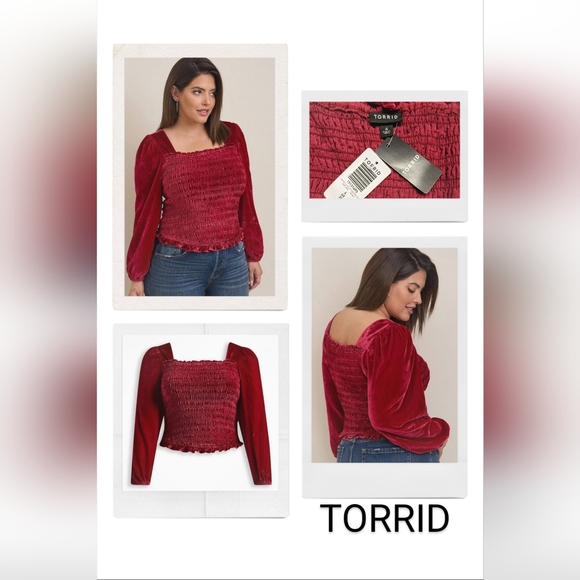 Torrid NWT, Red Velvet, Smocked, Blouson Sleeve, Crop Top, Size 4X - Picture 11 of 11